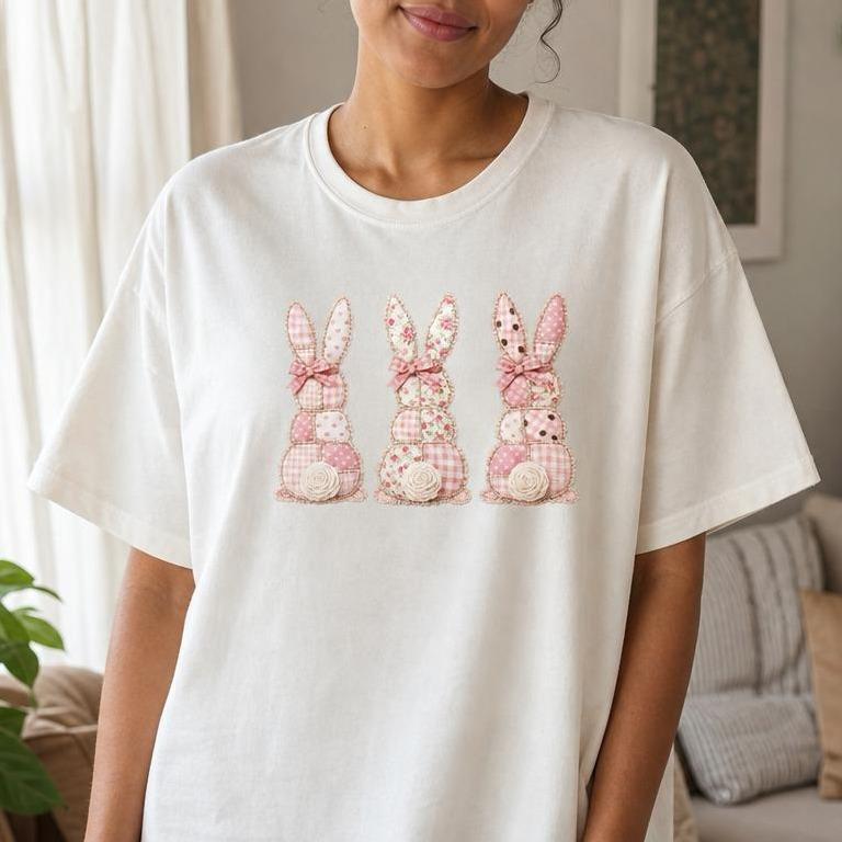 Cottagecore Patchwork Bunny Trio Women's 100% Cotton T-Shirt Breathable Spring Easter Tee
