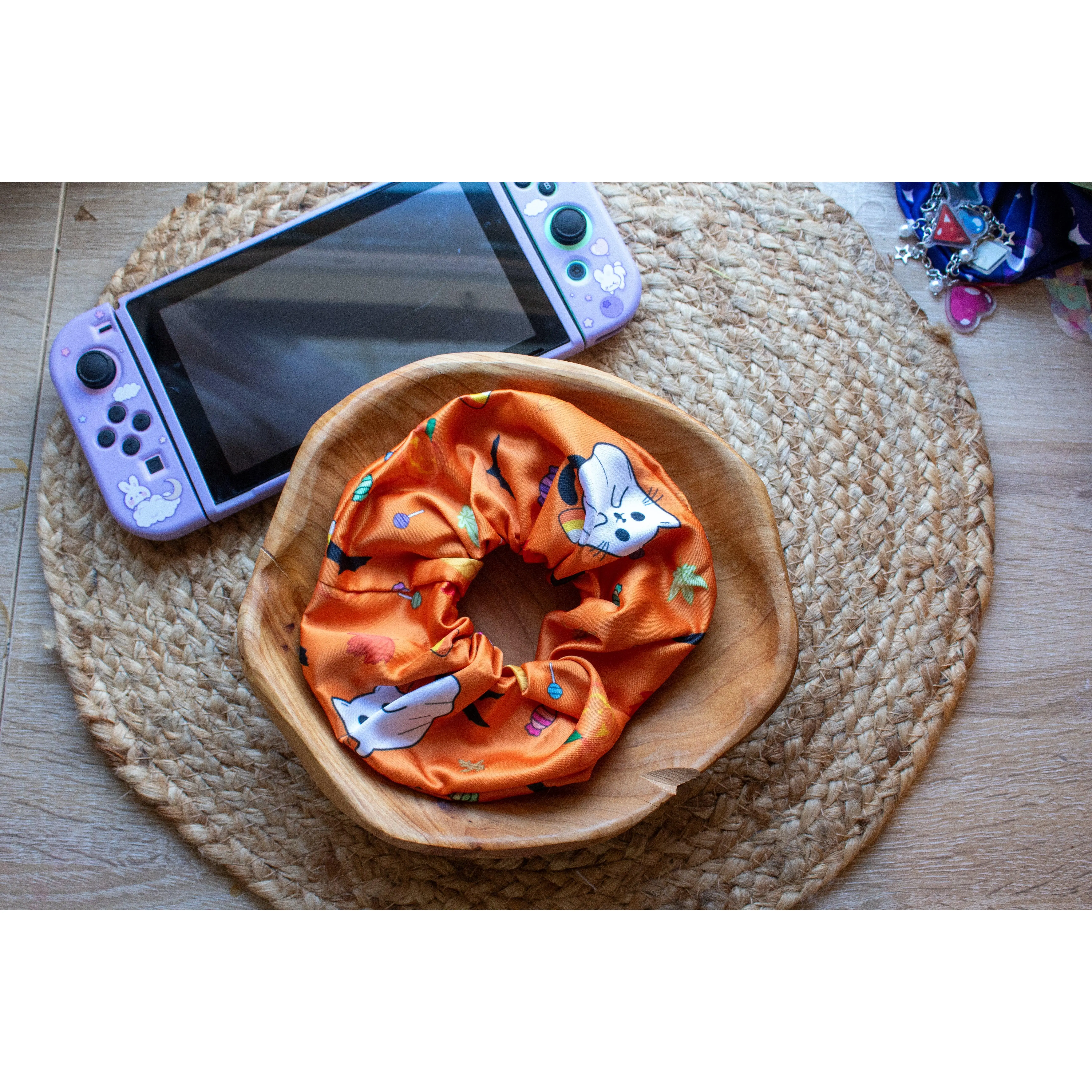 Spooky Ghost Cats Jumbo Satin Scrunchie | Orange