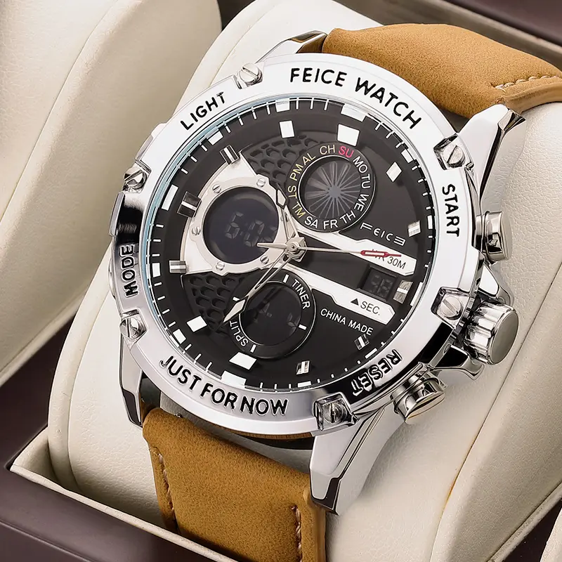 FEICE Men's Luxury Leather Luminous Quartz Watch - Waterproof, Trendy Multifunction Dual Time Wristwatch with Alarm Chronograph, Sporty Design for Sport & Business Fashion (Black and Silver Model) Durable Outdoor Watch