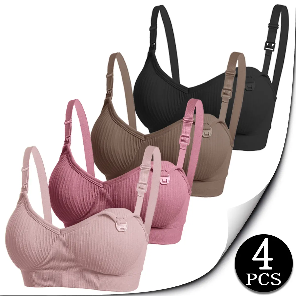 Women's 4-Piece Polyamide Blend Nursing Bras - Front Closure Convertible, Removable Pads, Soft Skin-Friendly Stretch Fit, Self-Adjustable Straps, Multiway Everyday Bras for Pregnant & Breastfeeding Moms, Self-Adjustable Everyday Bras