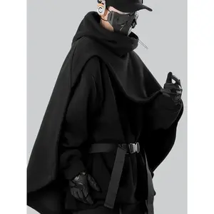 New Men's Trendy Functional Style High Collar Cloak Hoodie with Hooded Two-piece Set Cape Jacket (Single Top without Belt Accessories) Menswear Sweatshirts