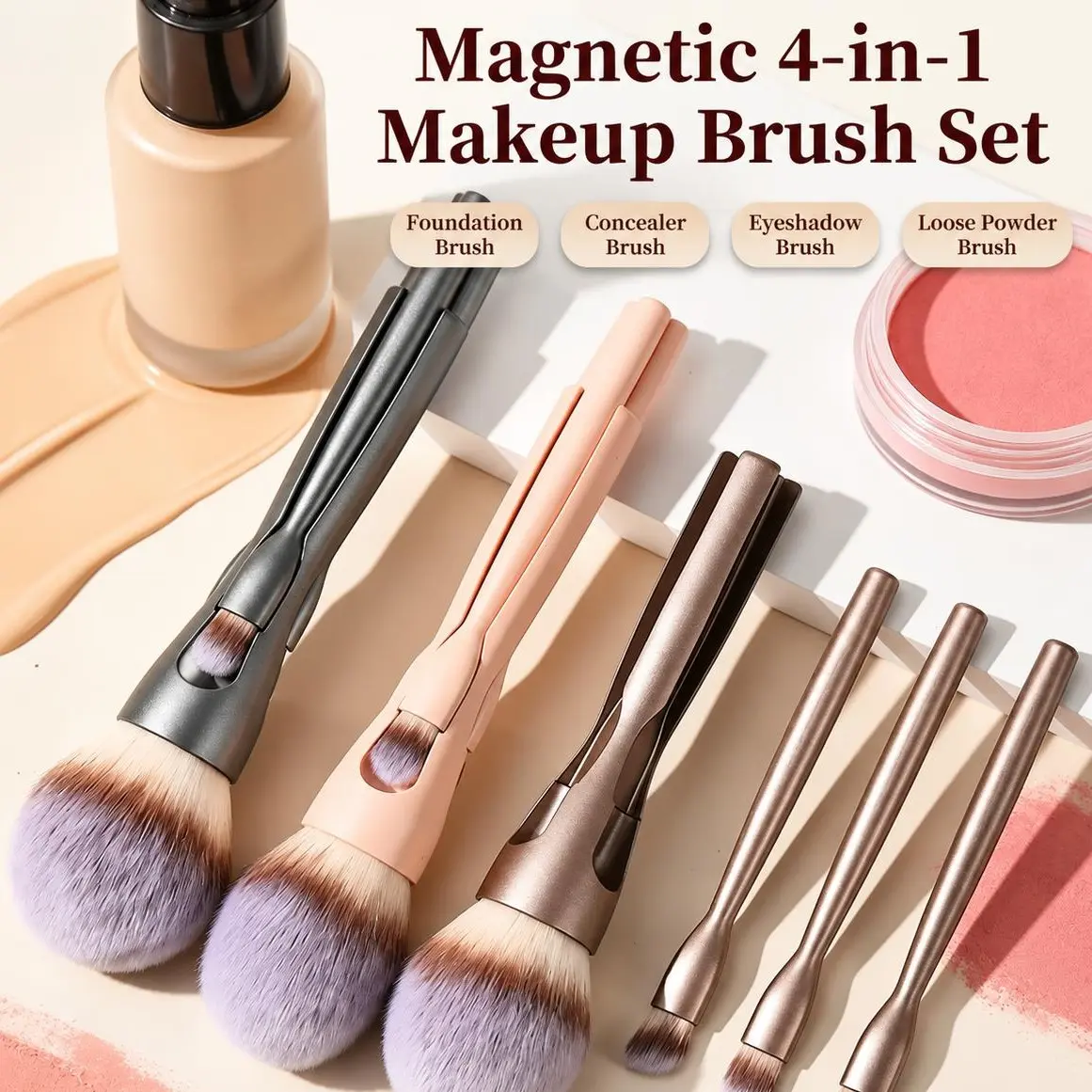 4-in-1 Magnetic Detachable Makeup Brush Set - Portable Interchangeable Soft Brushes for Powder, Contour, Eyeshadow - Travel-Friendly Beauty Tool Kit campingessentials