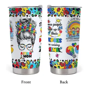 20oz Stainless Steel Tumbler, 1 Count Autism Mom Pattern Insulated Water Bottle, Stainless Steel Thermos, Stainless Steel Flask, Drinking Cup for Home Office School, Boyfriend Gift, Drinkware, Summer