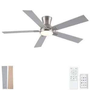 Ceiling Fan with Light 52 Inch, Dual-Sided Plywood Blades (Silver & Wood Grain), 24W Dimmable LED 3-Color Light, Quiet Reversible DC Motor, 6-Speed Remote Control with Timer, Flush Mount Ceiling Fan for Living Room Bedroom Office