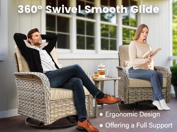 Ovios VNC Series Patio Swivel Rocking Chair 3-Piece Set with High Back Design, Spacious Armrests, Water and UV Resistant, Includes 4 High-Density Cushions