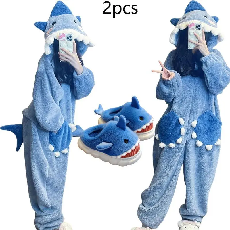 Cartoon cute shark women's hooded pajamas winter role-playing jumpsuit women's Christmas party home outfit Cartoon cute shark women's hooded pajamas winter role-playing jumpsuit women's Christmas party home outfit