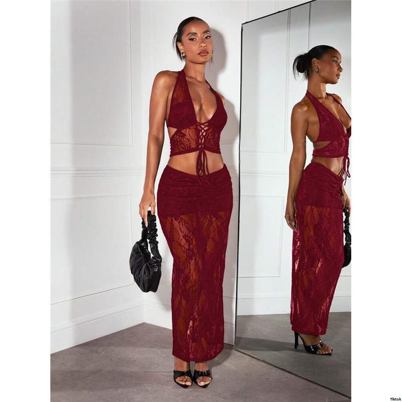 SexyWomenPartyAfternoonTeaOutfit ElegantLaceLongBeachDress tiktokBAEBlackSheerLaceHalterCriss - CrossBandageCorsetTop LowRiseLaceSkirt Music ConcertFestivalOutfit