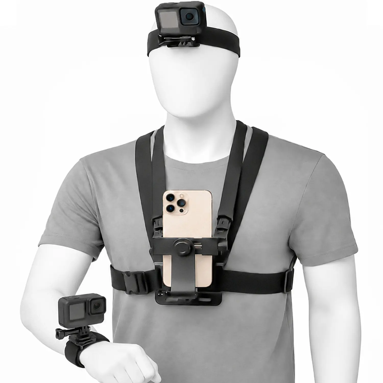 VVIA Multi-Mounting ABS/Elastic Phone & Action Camera Chest Harness Kit, Adjustable Hands-Free Device with Head-Wrist Straps, Phone Accessories for Vlogging, Cycling, Recording