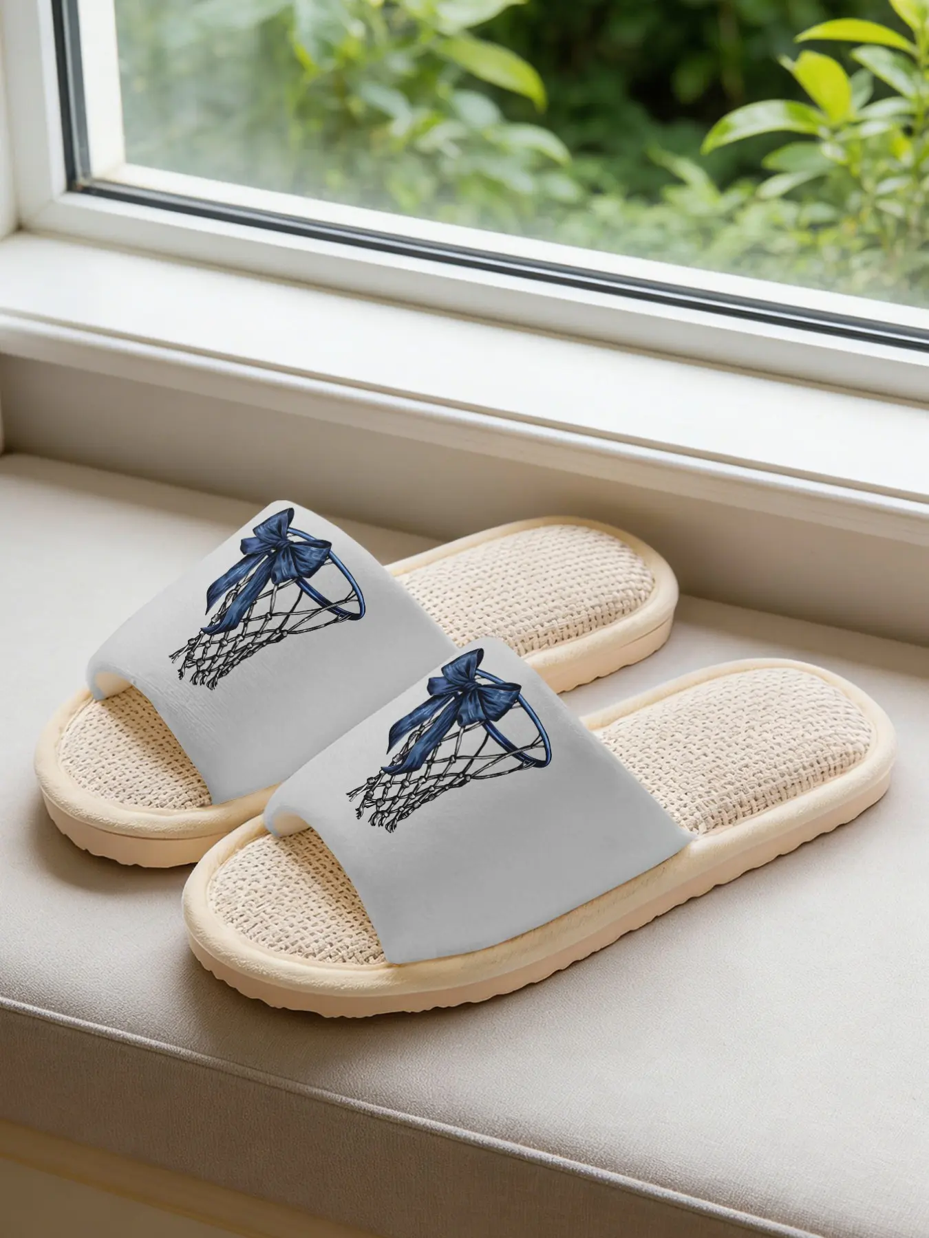 Basketball Hoop Bow Linen Slippers, Sporty Chic Vibe 1 Pair Breathable Lightweight Cozy Non-slip All Season House Shoes for Basketball Fans Women Men Family Daily Home Wear