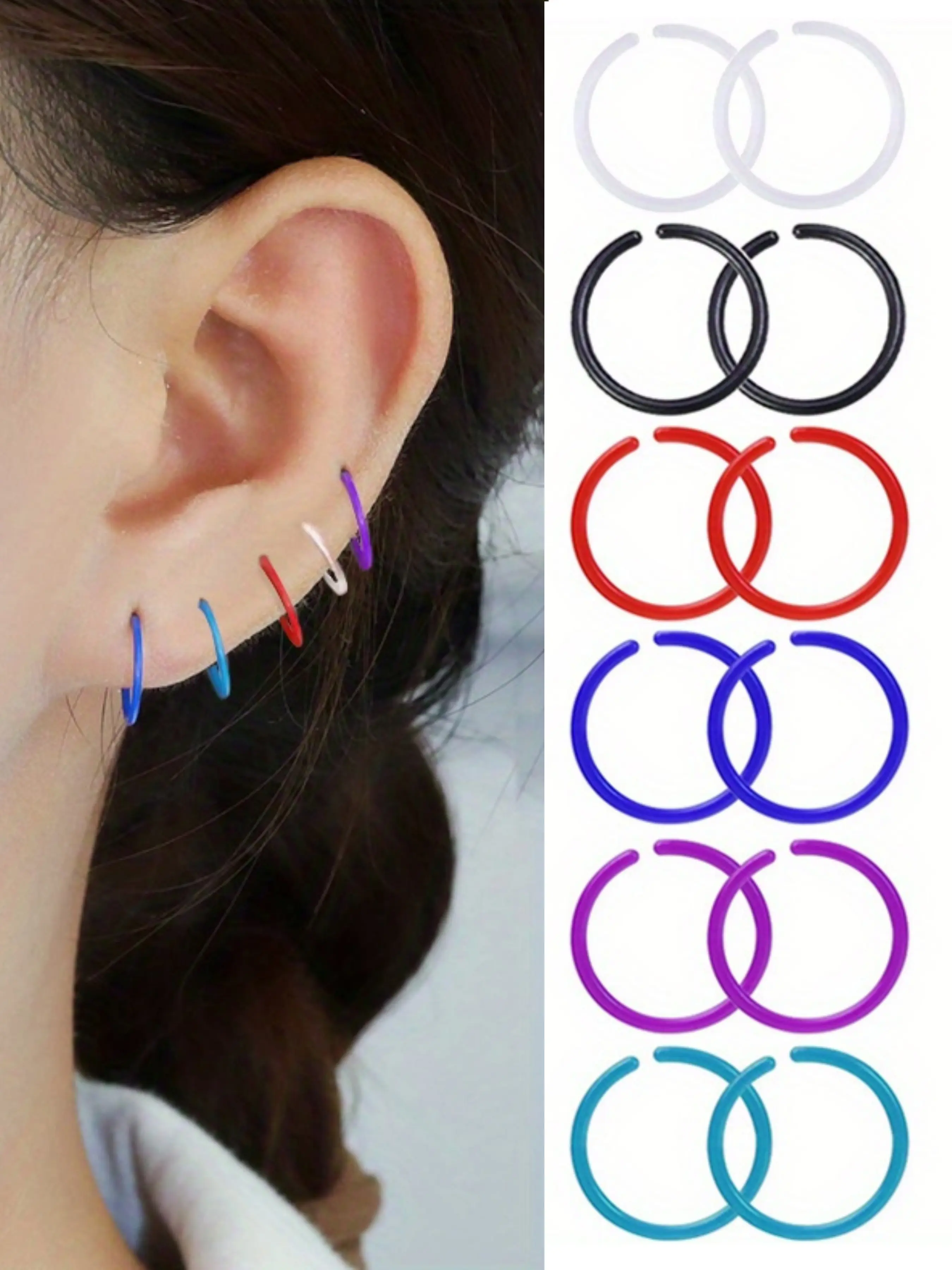 16pcs Flexible Simple Hip Hop Style Plastic Septum Ring Retainer Earrings, Cartilage Daith Tragus Piercing Jewelry for Daily & Party