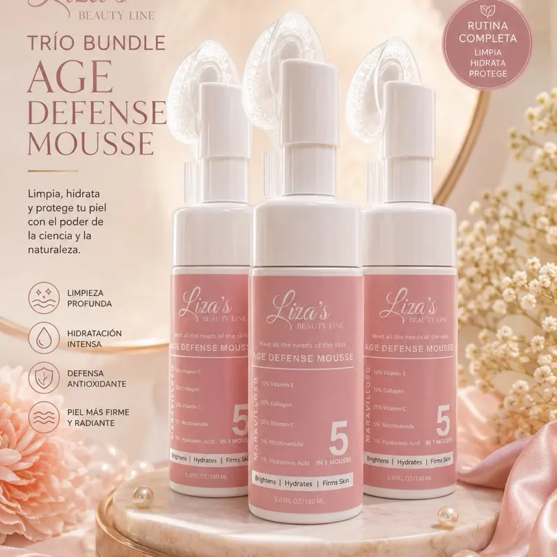 1616- Liza's Beauty Line Age Defense Mousse Skincare Cleanser Trio Bundle for Deep Cleansing Intense Hydration and Antioxidant Protection