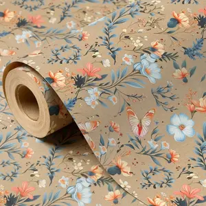 Vintage floral butterfly wrapping paper roll, brown kraft paper gift wrapping paper, suitable for gift boxes, birthdays, pre-wedding parties, festivals, in a rustic bohemian style
