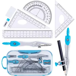 10 Pieces Geometry Kit Set with Shatterproof Storage Box, Student Drawing Supplies Includes Protractor, Rulers, Compass, Pencil Sharpener, Lead Refills, Pencil, Eraser (Blue)