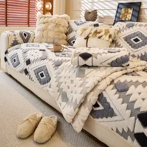 1pc Bohemian style plush sofa cover, pet friendly home decoration, machine washable, available in multiple colors, suitable for home decoration such as office, bedroom, living room, etc. Sofa cushion sofa cover