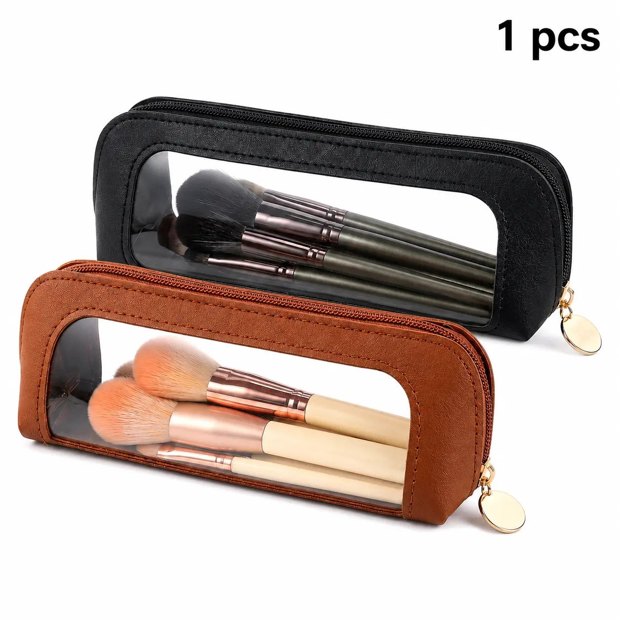 PVC Clear Window Makeup Brush Pouch - Large-Capacity Portable Handheld Cosmetic Organizer, Minimalist Travel Case for Eyebrow & Eyeshadow Brushes (Home Organizer Storage Solution)