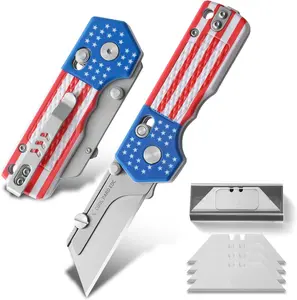 Folding Utility Knife,Pocket Knife with Pocket Clip,Quick Change Box Cutter with Rail Lock,EDC Razor Knife with 4Pcs Extra Razor Blades for Everyday Carry（USA Flag）