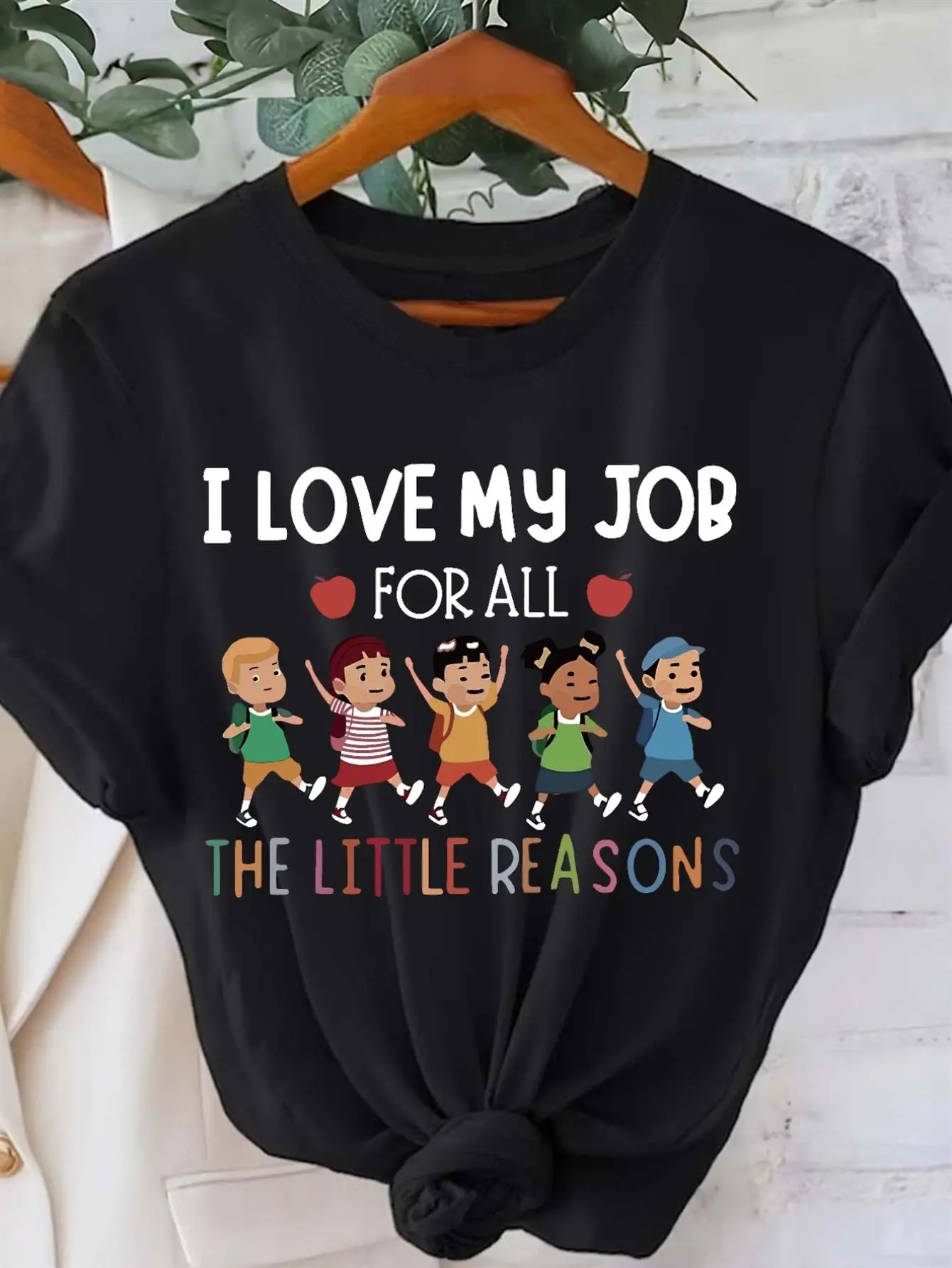 Women's Plus Size Teacher T-Shirt "I Love My Job for All The Little Reasons" - Educator Apparel Short Sleeve Round Neck Top, Casual Outfits, Durable Comfortable Casual Wear for Daycare,,