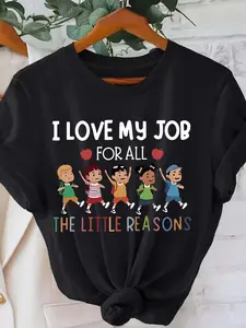 Women's Plus Size Teacher T-Shirt "I Love My Job for All The Little Reasons" - Educator Apparel Short Sleeve Round Neck Top, Casual Outfits, Durable Comfortable Casual Wear for Daycare,,