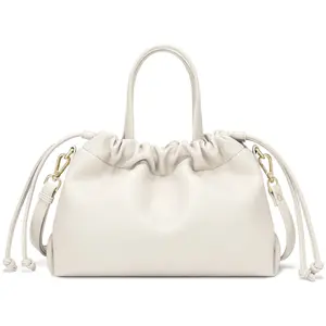 Peacocktion Casual Commuter Bucket Bag Drawstring Shoulder Crossbody Puff Pleated Cloud Handbag in Cream