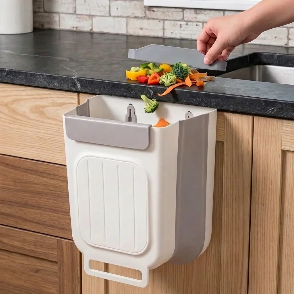 Foldable Hanging Trash Bin for Kitchen Cabinet Door, Compact Waste Container for Food Scraps, Bathroom, Office and Small Spaces