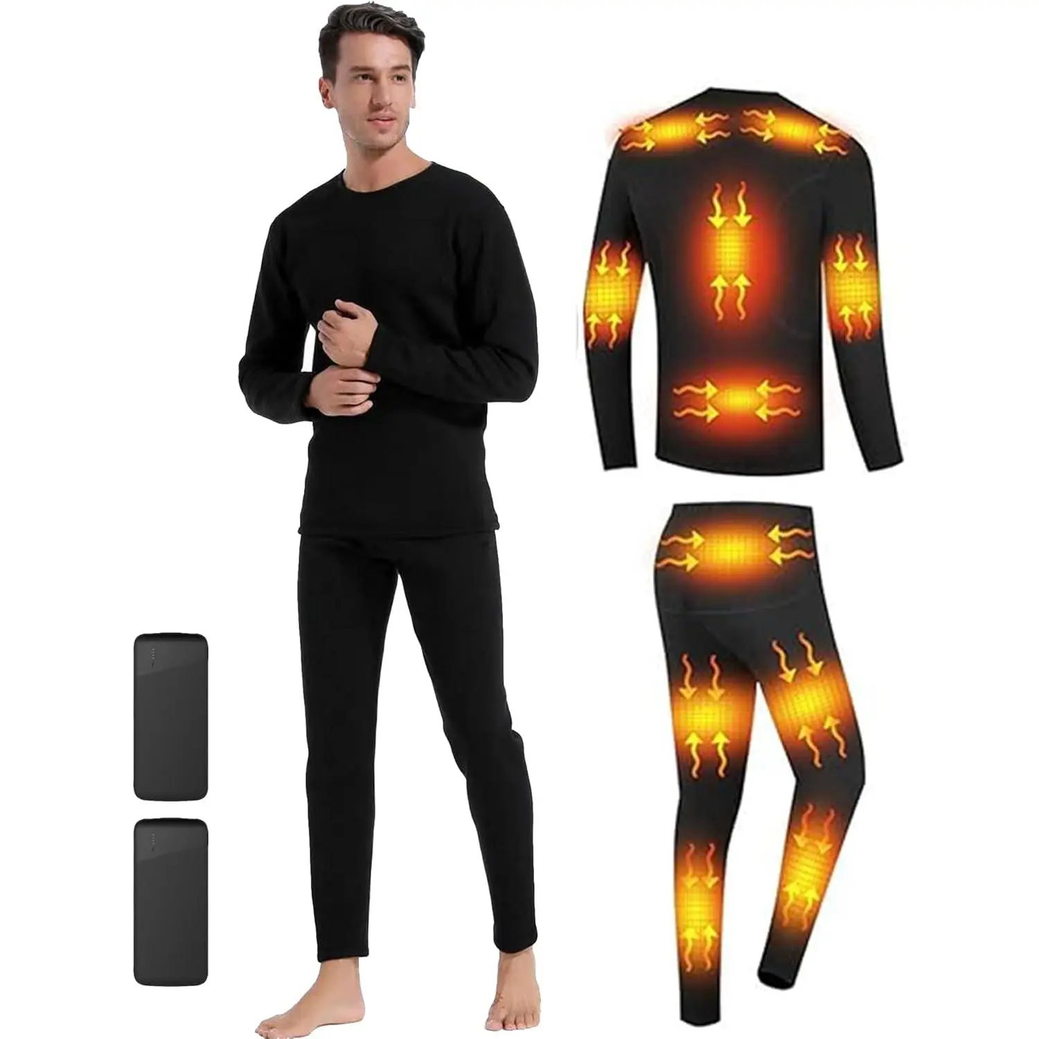 Men's Heated Cotton Thermal Underwear Set - Soft, Breathable Fabric, USB Functionality for Winter Outdoor Sports, Motorcycle, Camping, Work, Ice Skating, Snowboarding, Hunting, Adults, Wider Area