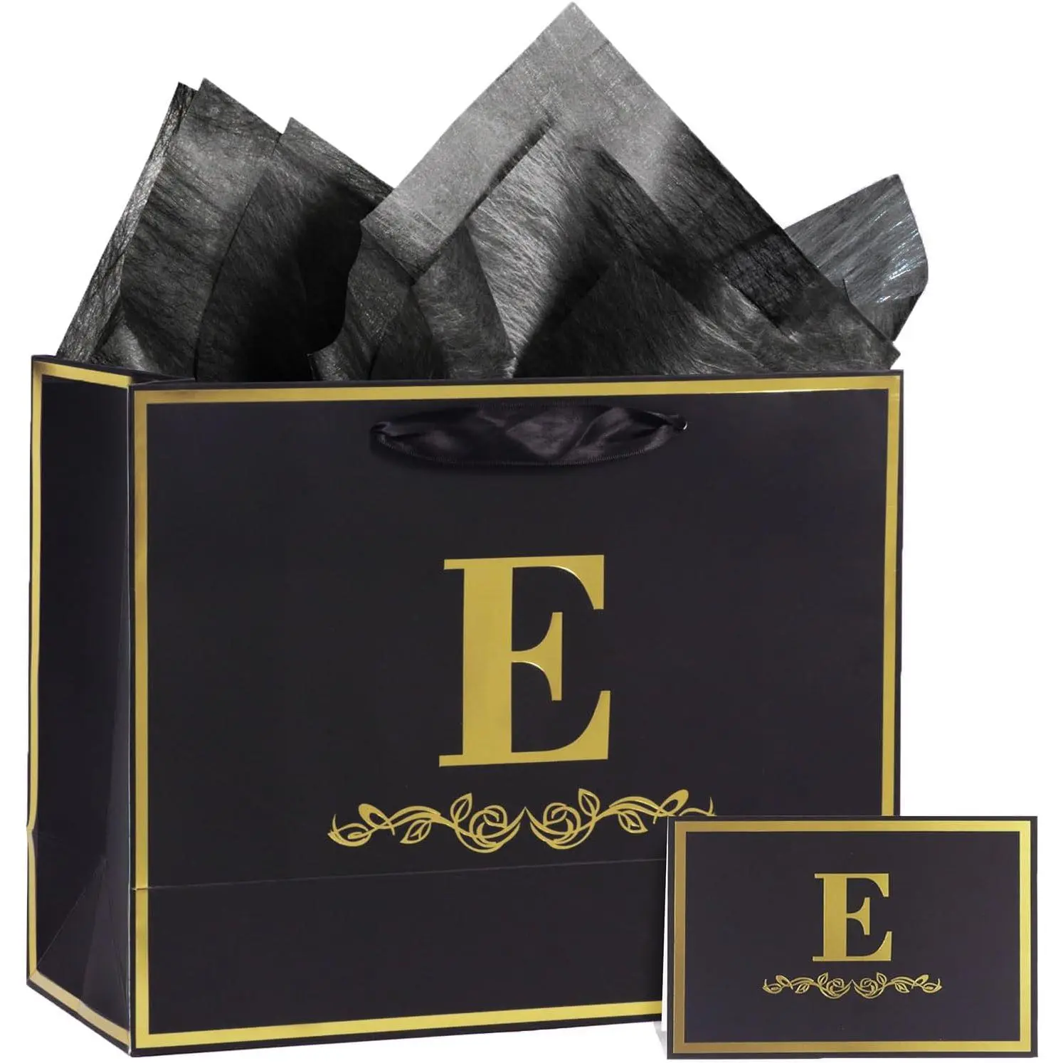 Alphabet Birthday  Bag with Card and Tissue Paper for Men Women, 13" Large Black  Personalized Bridal Party  Paper Bag for Gifts Wrapping - (Letter E)