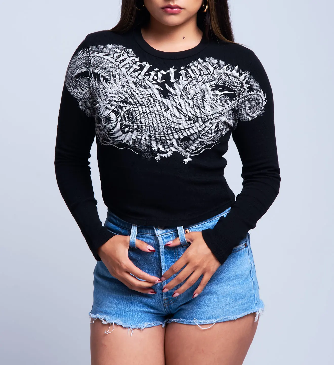 Affliction Women's Thermal Long Sleeve Shirt Flaming Dragon