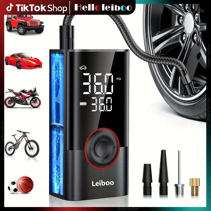 LEIBOO Portable Car Tire Inflator Pump 150PSI Digital Display Air Pump with LED Lighting, Wireless USB-C Rechargeable, Compact & Lightweight, Suitable for inflating Balls, Bicycles, Motorcycles and Car Tires! Men gifts! (CE, FCC Certified)