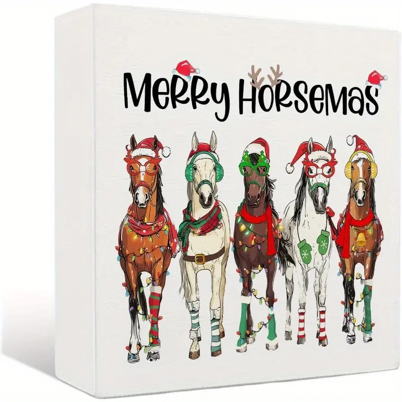 Christmas Wooden Signs - Western Christmas Decor Box Sign, Horse Decorations, Gifts for Horse Lovers, 5 X 5 Inches