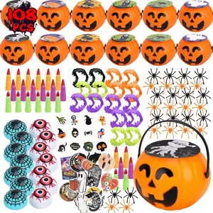 Halloween Party Favors for Kids Bulk Halloween Toys Prefilled Pumpkins Buckets Halloween Pinata Stuffers Mini Bucket Goodies Bag Classroom Prizes Trick or Treats
