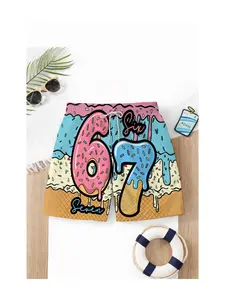 Ice Cream 67 Donut Boys' Swim Trunks, Elastic Waist Beach Pants, Summer Vacation Gift, Outdoor Wear, Cartoon Pattern, Slim-Fit