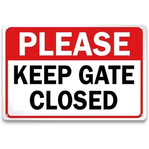 Please Keep Gate Closed Sign Dogs - 12 x 8 inch Metal Aluminum Sign for Gate, Front Door, Yard, Outside, Fence, Farmhouse and Factory Door, Rust-Free and Waterproof, White/Red