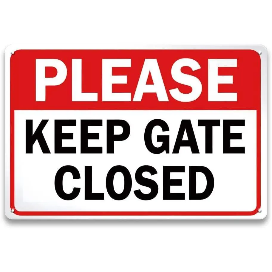 Please Keep Gate Closed Sign Dogs - 12 x 8 inch Metal Aluminum Sign for Gate, Front Door, Yard, Outside, Fence, Farmhouse and Factory Door, Rust-Free and Waterproof, White/Red