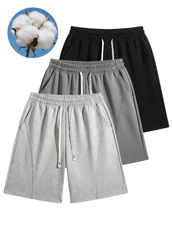 Men's Multipack Wide-Leg Heavyweight Athletic Sweat Shorts (1/2/3 Pack Available), 48% cotton blend fabric, drawstring elastic waistband, loose knee-length loungewear bottoms; 3 solid color options: black, charcoal heather gray, light heather gray, Menswe