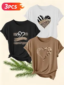 Women's 3-Pack Leopard Heart Print Casual Tops, Round Neck Short Sleeve T-Shirts, Soft Fabric, Spring Summer Wear