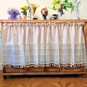 Unique Soft Fabric Lace Cabinet Curtain, Fringe Accented Atmosphere Half Curtain, Dining Room Shelf Style Enhancer