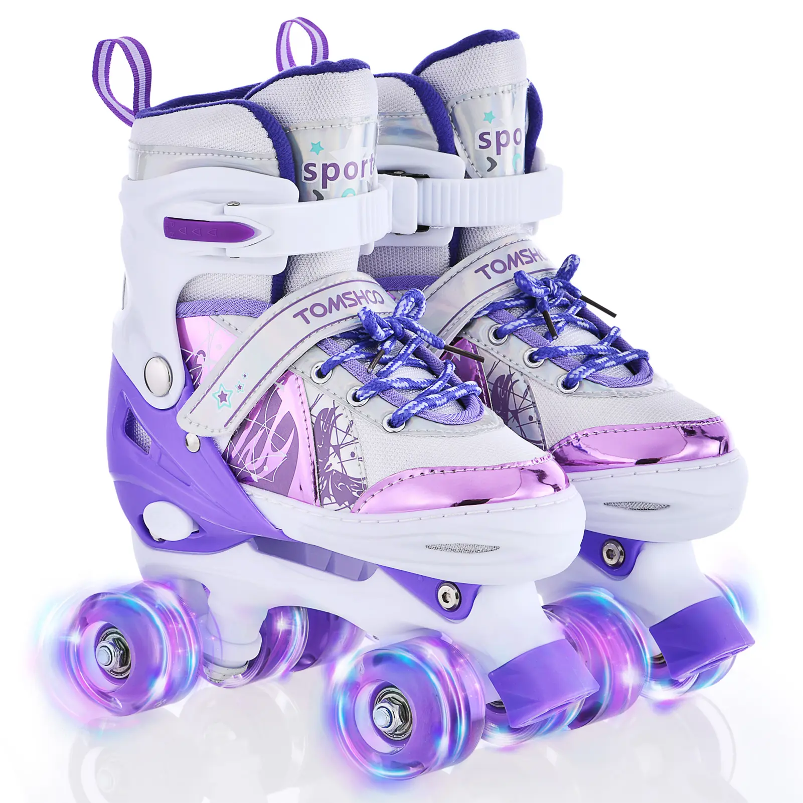 Kids' 4-Size Adjustable Purple Inline Skates with Luminous Flashing LED Light-Up Wheels, Ideal Gift for Boys & Girls, Skate Wheels