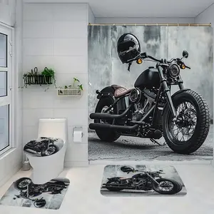 Motorcycle Pattern Printed Shower Curtain Set with Rug, Non-Slip Bath Mat, U-Shaped Toilet Lid Cover Pad, Bathroom Decor with Hooks