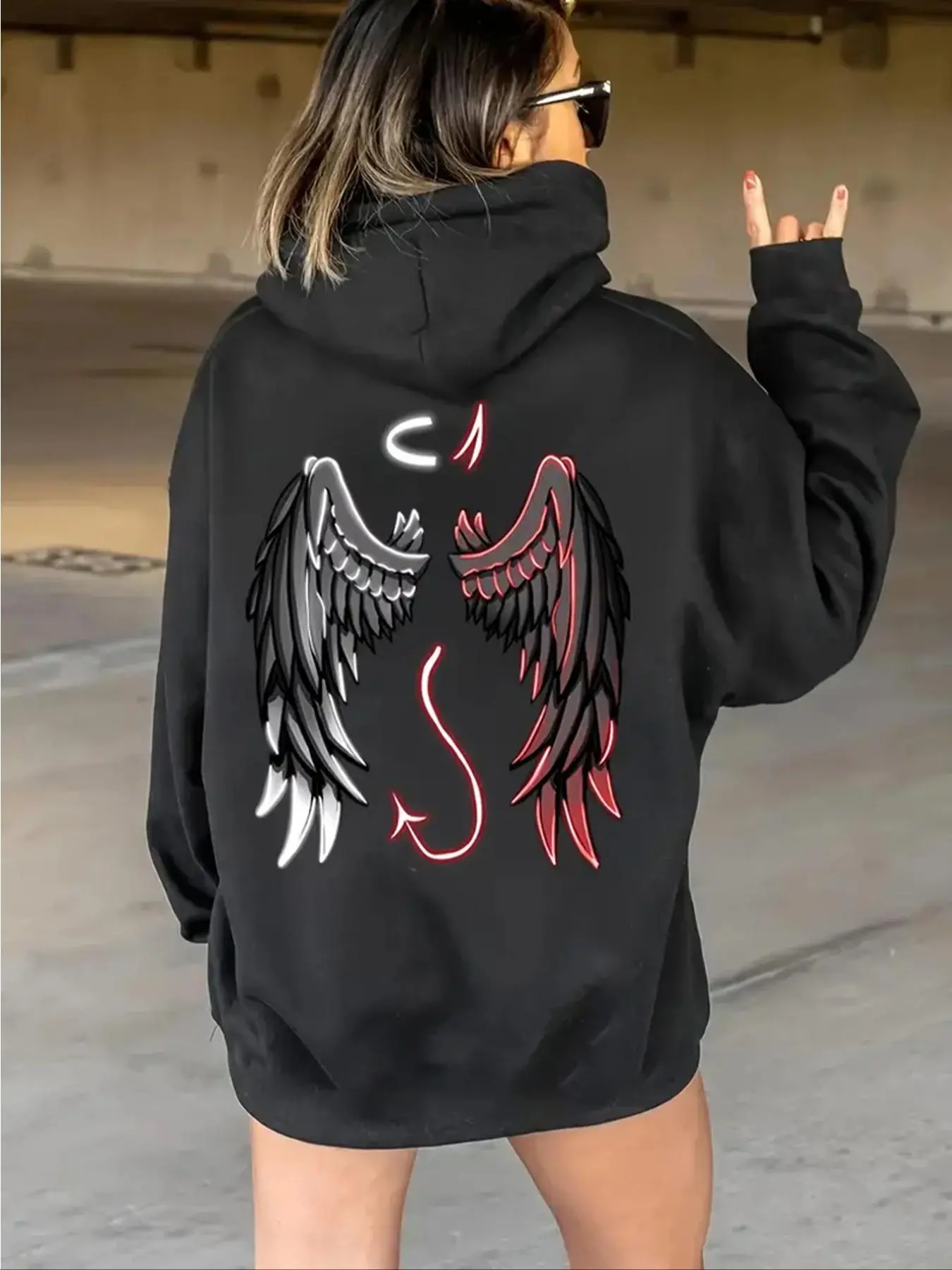Women's Cartoon Angel & Devil Wing Print Drop Shoulder Thermal Lined Hoodie, Fashion Casual Drawstring Pocket Hooded Sweatshirt for Daily Holiday Outdoor Wear, Women Clothing for Fall & Winter