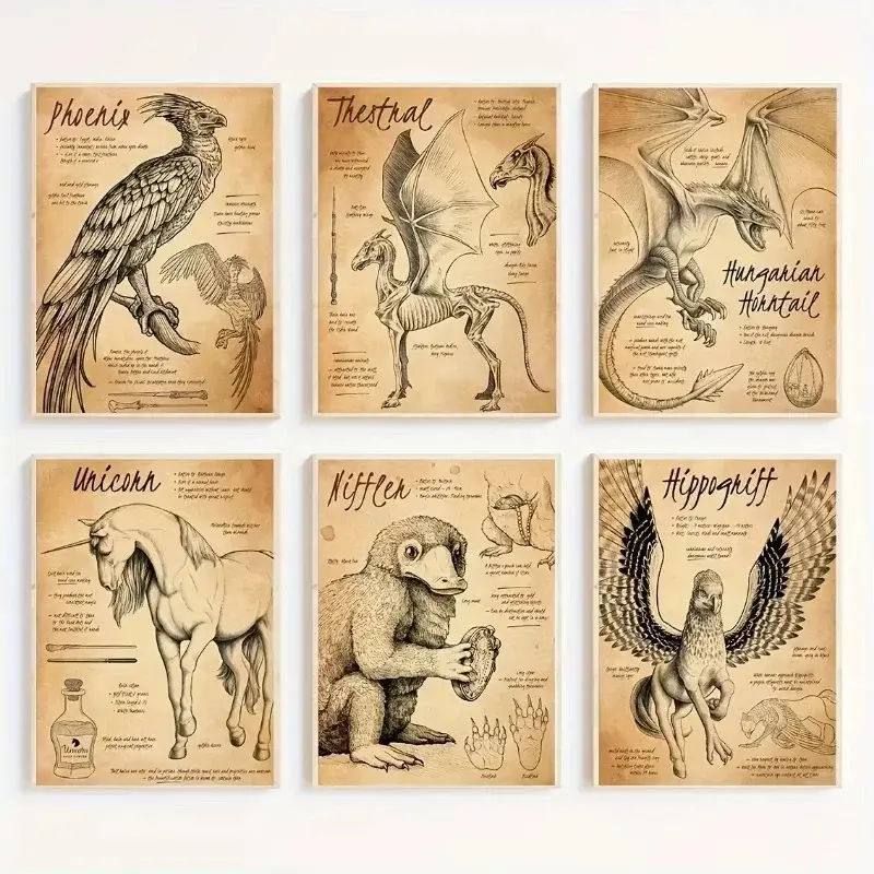 6pcs/set Movie Magical Creatures Dragon Canvas Artistic Poster Artwork For Walls Wall Decor Pictures Room Wall Decor Vintage Animals Fantasy Beasts Aesthetics Decor Murals Fans Gifts, Decoration