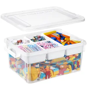 Plastic Storage Bins with Lids - 1 Pack Art Craft Supply Organizer Box with Removable Tray for Kids, 17 QT Stackable Clear Container for Toy/Sewing/Bead/Tool/Playdoh(15.94" x11.61"x7.28")