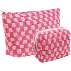 2 Pieces Makeup Bag Pouch, Large Checkered Cosmetic Bag Travel Toiletry Bag Organizer Cute Cosmetic Pouch Makeup Case Makeup Brushes Aesthetic Accessories Storage Bag for Women (Large+Mini Pink) Superonline Direct US