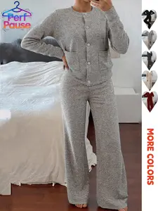 Women's Comfortable Casual Knitted Round Neck Button Front Cardigan Wide Leg Pants Set, Stylish Fall & Winter
