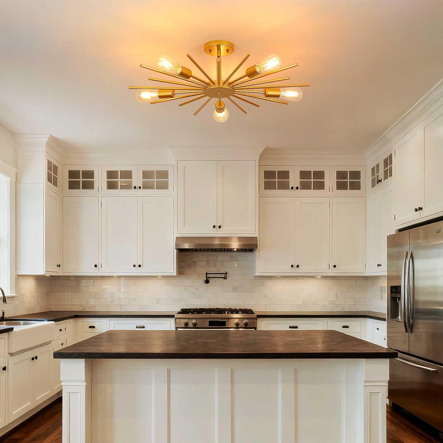 Gold Semi Flush Mount Ceiling Light, 27.5" 5-Light Large Sputnik Modern Mid Century Ceiling Light for Kitchen Entryway Bedroom Living Room