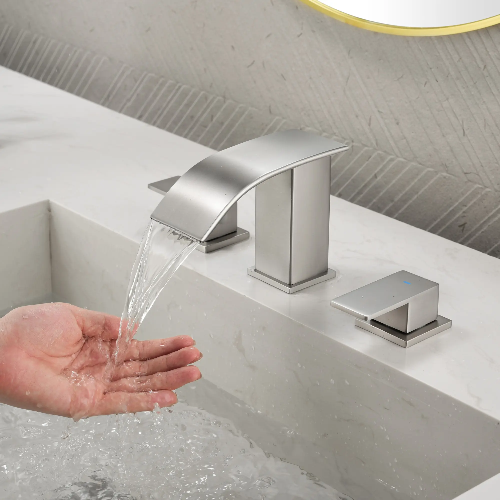 Matte Black Waterfall Faucet for Bathroom Sink, 3-Hole 8-in Widespread Double-Handle Vanity Faucet with Pop-Up Drain, Available in Brushed Gold/Nickel Lavatory Tap