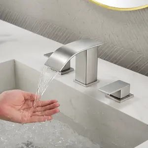 Matte Black Waterfall Bathroom Faucet for basin 3 Hole Widespread Vanity Faucet with Pop-Up Drain 8 inch Brushed Gold/Nickel Lavatory Faucet 2 handle