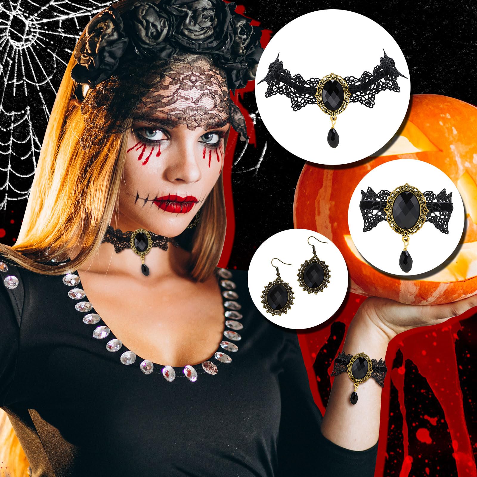 Halloween Ghost Jewelry Set Beaded BOO Pumpkin DIY Pendant Necklace Drop Earrings Gothic Lace Vampire Pendant Chain For Costume Party 16in+2in Extension