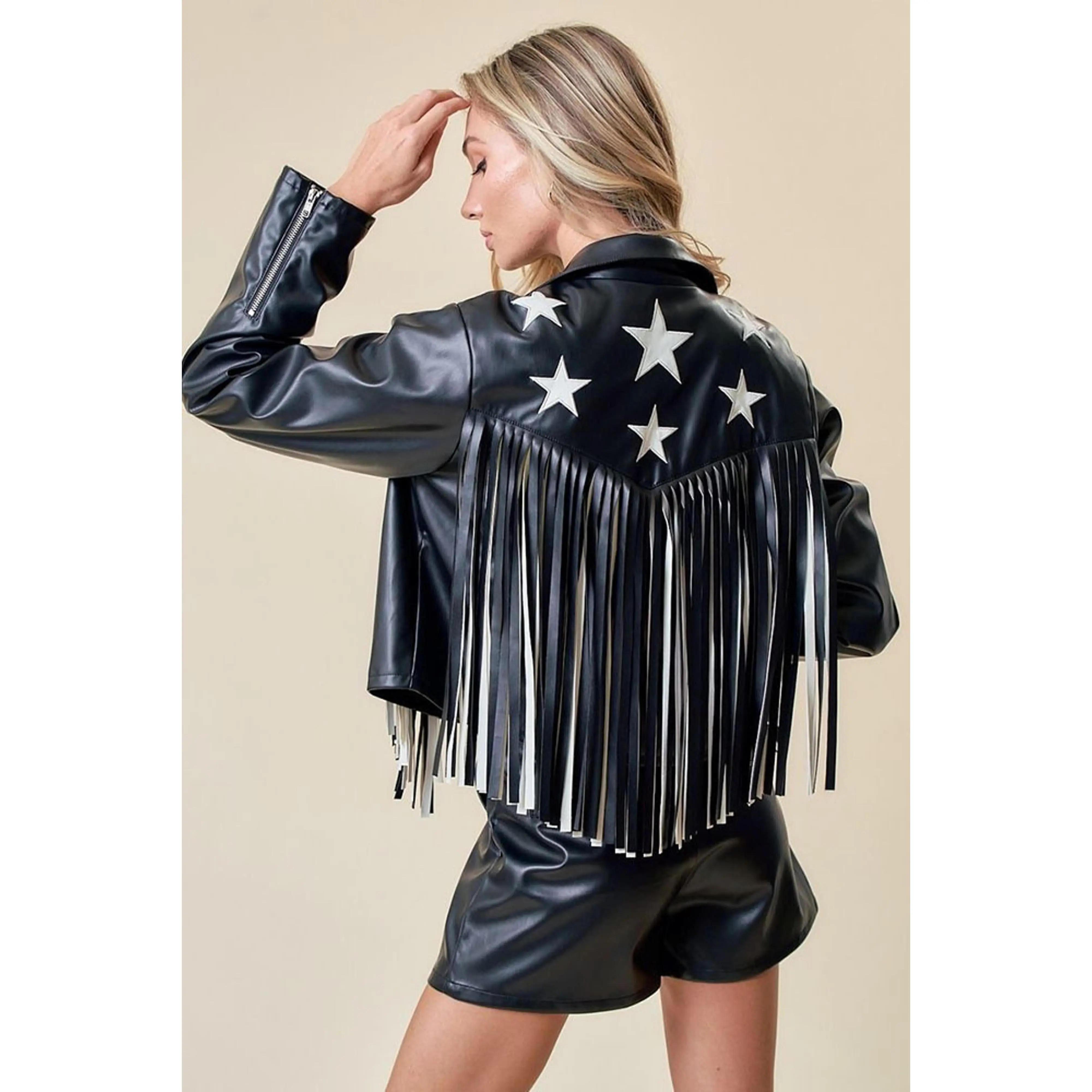 Women's Legend or Lies Fringed Star Moto Jacket - Stylish, Elegant, Cropped, Fitted Style Outerwear for Festival Wear