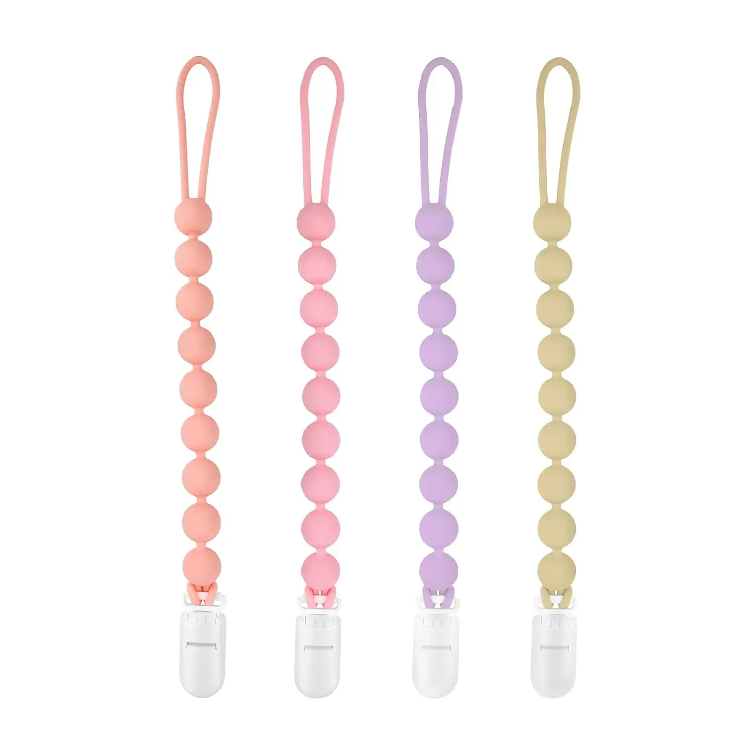 Pacifier Clip Holder, 4-Pack, Soft Flexible Silicone Binky Clips, One-Piece Design for Babies