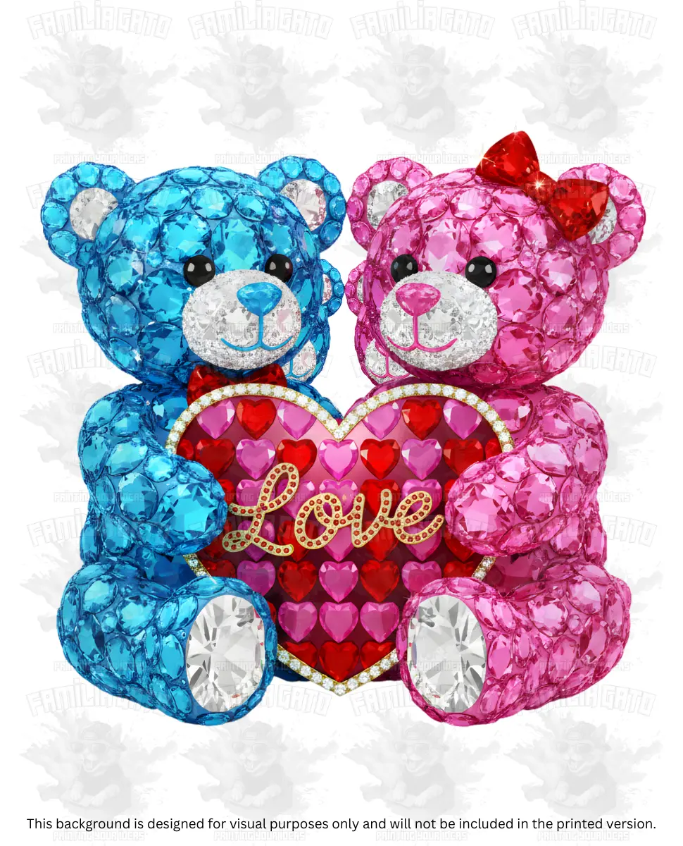 Valentine's Day Rhinestone Blue and Pink Teddy Bear Couple DTF Transfer - Enhanced Durability, Compatible with All Color Fabrics